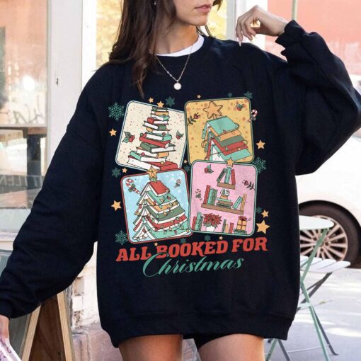 vintage christmas sweatshirt for book lovers featuring a christmas book tree design ideal for librarians and bookworms 0hpuh