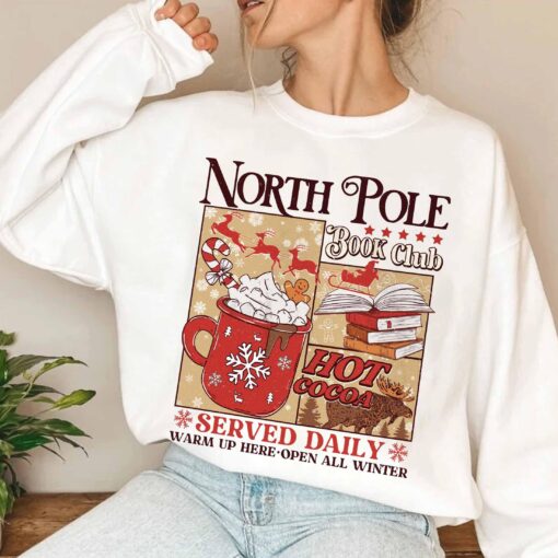 vintage christmas sweatshirt for book lovers north pole book club hoodie with festive design and comfortable fit fkg9h