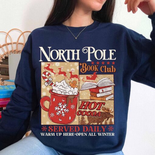 vintage christmas sweatshirt for book lovers north pole book club hoodie with festive design and comfortable fit lrzpj