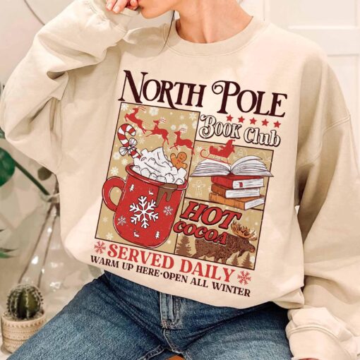 vintage christmas sweatshirt for book lovers north pole book club hoodie with festive design and comfortable fit mwqq1