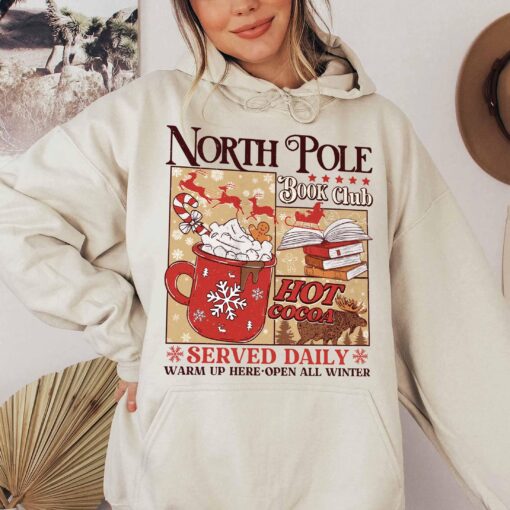 vintage christmas sweatshirt for book lovers north pole book club hoodie with festive design and comfortable fit ptlkm