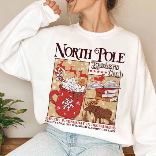 vintage christmas sweatshirt for book lovers north pole readers club hoodie with cozy design zawyk