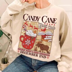 Vintage Christmas Sweatshirt for Book Lovers with Candy Cane Design and Santa Theme Ideal for Winter Book Club Gatherings