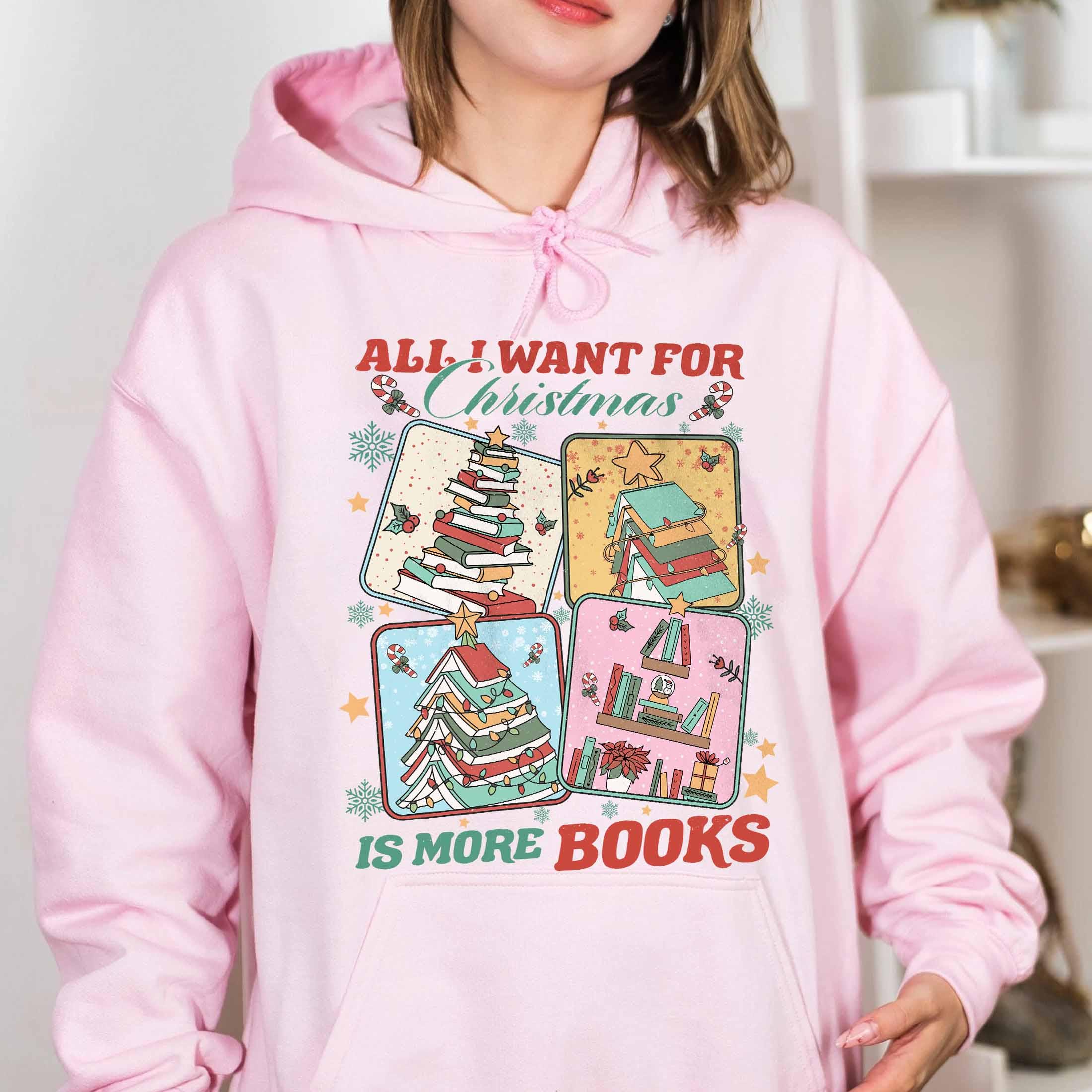 vintage christmas sweatshirt for book lovers with funny quote all i want for christmas is more books in comfortable style