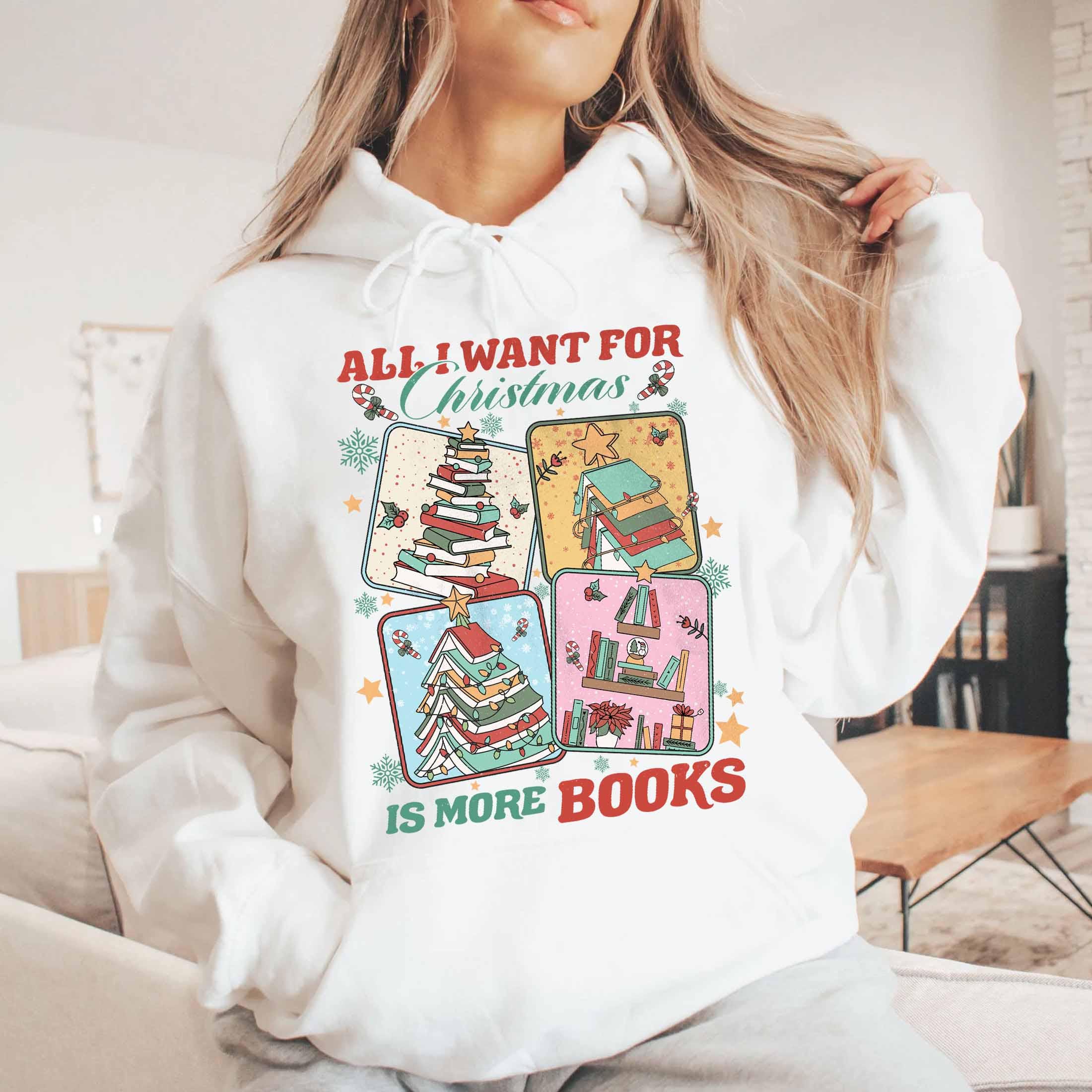 vintage christmas sweatshirt for book lovers with funny quote all i want for christmas is more books in comfortable style qmirl