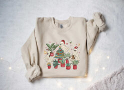 Vintage Christmas Sweatshirt for Plant Lovers Featuring Cute Ghost Design and Tree Graphics