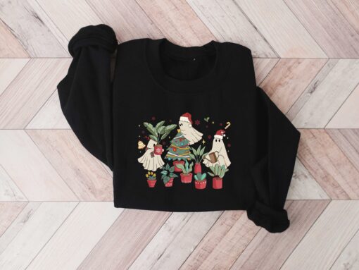 vintage christmas sweatshirt for plant lovers featuring cute ghost design and tree graphics bb8lx scaled