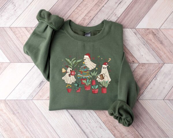 vintage christmas sweatshirt for plant lovers featuring cute ghost design and tree graphics eje5a scaled