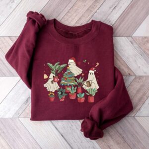 vintage christmas sweatshirt for plant lovers featuring cute ghost design and tree graphics kwpvd scaled