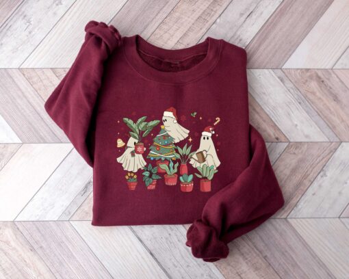 vintage christmas sweatshirt for plant lovers featuring cute ghost design and tree graphics kwpvd scaled