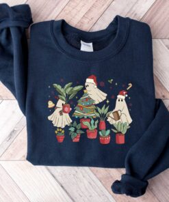 vintage christmas sweatshirt for plant lovers featuring cute ghost design and tree graphics trxob scaled