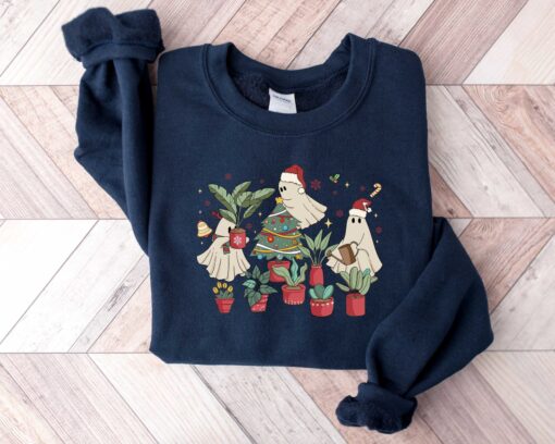 vintage christmas sweatshirt for plant lovers featuring cute ghost design and tree graphics trxob scaled