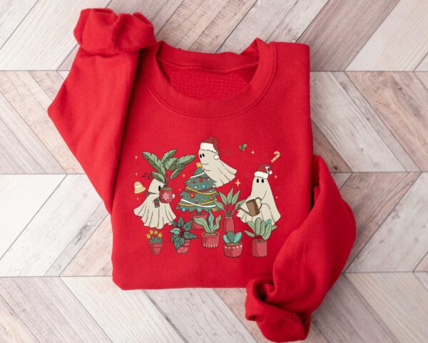 vintage christmas sweatshirt for plant lovers featuring cute ghost design and tree graphics zamme scaled