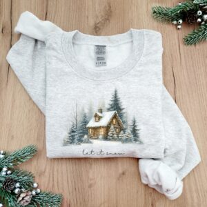 vintage christmas sweatshirt for winter cabin style featuring let it snow design and pine tree loungewear for camping comfort 3u3cd