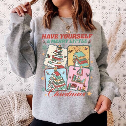 vintage christmas sweatshirt for women bookish hoodie with merry little christmas design perfect for bookworms and holiday celebrations vu7ca