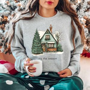 vintage christmas sweatshirt for women featuring a fun christmas house design and cookie print for holiday celebrations izio4