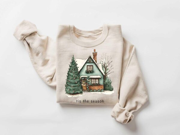 vintage christmas sweatshirt for women featuring a fun christmas house design and cookie print for holiday celebrations lflsn