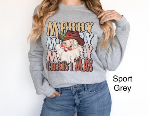 vintage christmas sweatshirt for women featuring cowboy santa design with western style and retro holiday theme dn705