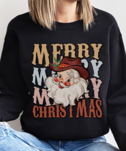 vintage christmas sweatshirt for women featuring cowboy santa design with western style and retro holiday theme egpib