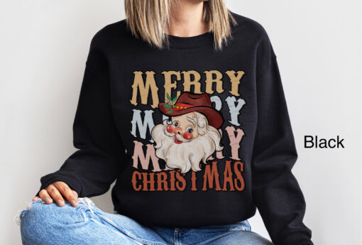 vintage christmas sweatshirt for women featuring cowboy santa design with western style and retro holiday theme egpib