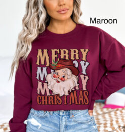 Vintage Christmas Sweatshirt for Women featuring Cowboy Santa Design with Western Style and Retro Holiday Theme
