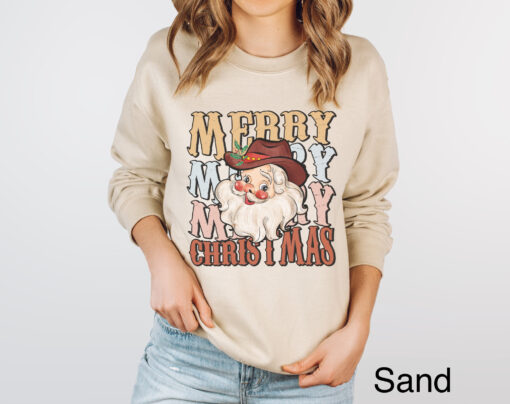 vintage christmas sweatshirt for women featuring cowboy santa design with western style and retro holiday theme p4ysg