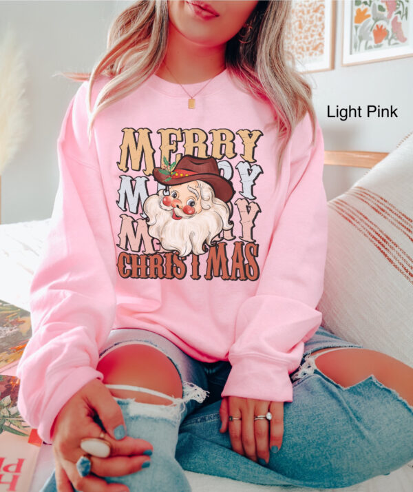 vintage christmas sweatshirt for women featuring cowboy santa design with western style and retro holiday theme snztt