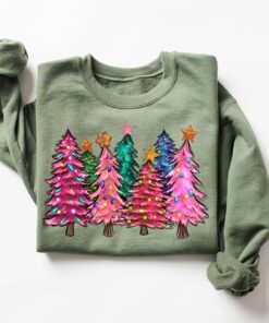 vintage christmas sweatshirt for women featuring cute pink christmas trees design in soft fabric ideal for holiday celebrations aetca