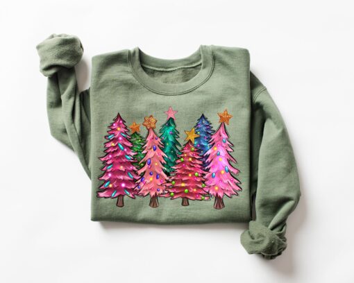 vintage christmas sweatshirt for women featuring cute pink christmas trees design in soft fabric ideal for holiday celebrations aetca