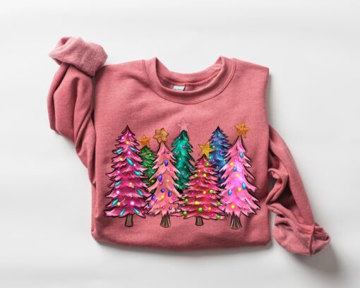 vintage christmas sweatshirt for women featuring cute pink christmas trees design in soft fabric ideal for holiday celebrations mcf0o