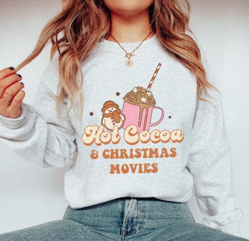 vintage christmas sweatshirt for women featuring hot cocoa and movies design comfortable crewneck style for holiday celebrations