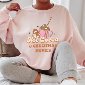 vintage christmas sweatshirt for women featuring hot cocoa and movies design comfortable crewneck style for holiday celebrations dppbr