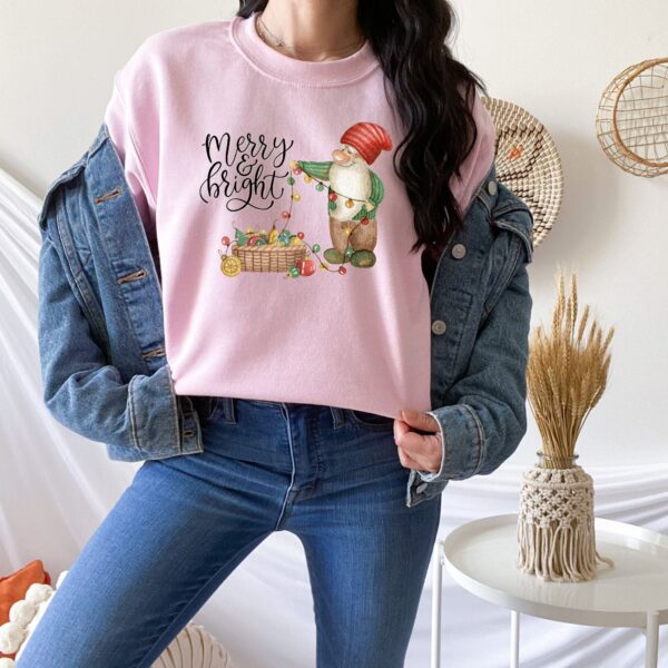 vintage christmas sweatshirt for women featuring merry and bright gnome design comfortable crewneck style for winter wear pmdlo