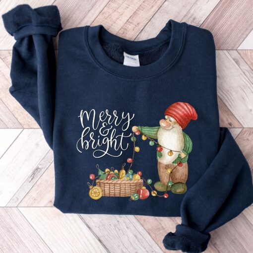 vintage christmas sweatshirt for women featuring merry and bright gnome design comfortable crewneck style for winter wear smdkh