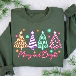 Vintage Christmas Sweatshirt for Women Featuring Neon Christmas Tree Design and Merry Christmas Crewneck Style