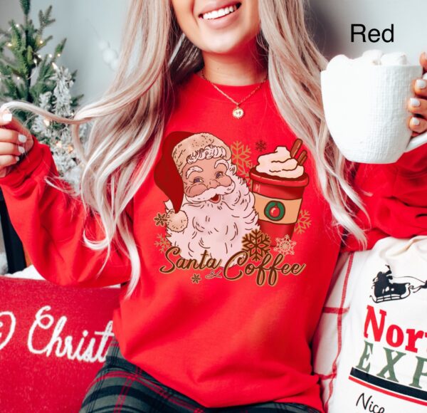 vintage christmas sweatshirt for women featuring retro santa and coffee design ideal for coffee lovers during the holiday season tpvw6