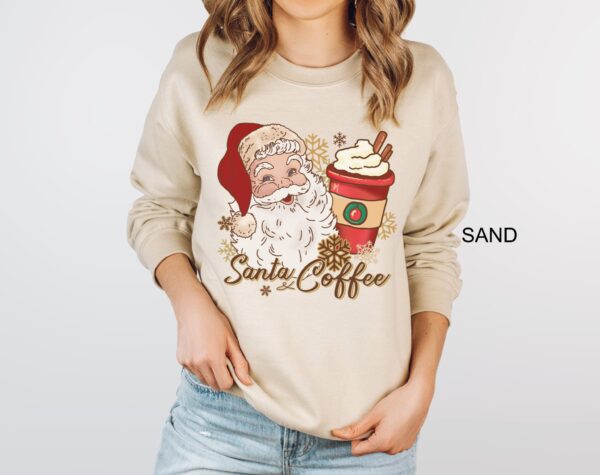 vintage christmas sweatshirt for women featuring retro santa and coffee design ideal for coffee lovers during the holiday season