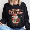 Vintage Christmas Sweatshirt for Women Funny Sleigh All Day Retro Santa Design Oversized Top with Santa and Tumbler Print