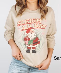 vintage christmas sweatshirt for women funny sleigh all day retro santa design oversized top with santa and tumbler print 9gxcx