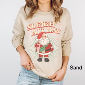 vintage christmas sweatshirt for women funny sleigh all day retro santa design oversized top with santa and tumbler print 9gxcx