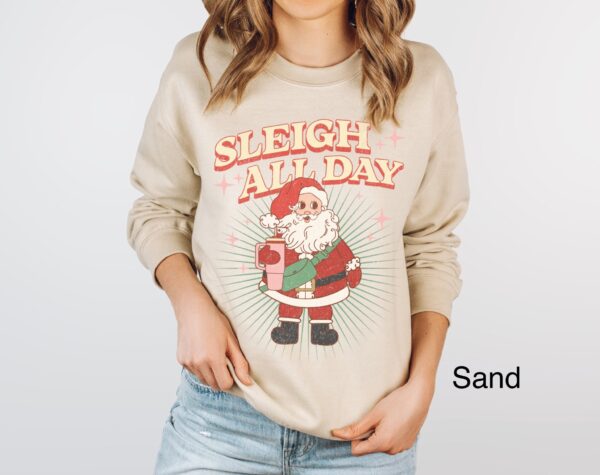 vintage christmas sweatshirt for women funny sleigh all day retro santa design oversized top with santa and tumbler print