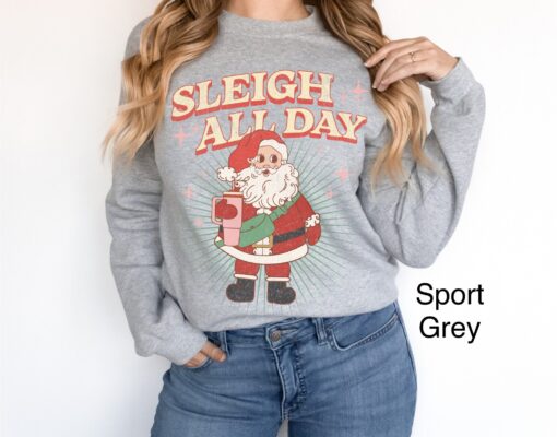 vintage christmas sweatshirt for women funny sleigh all day retro santa design oversized top with santa and tumbler print bnzkf