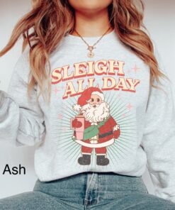 vintage christmas sweatshirt for women funny sleigh all day retro santa design oversized top with santa and tumbler print maymb