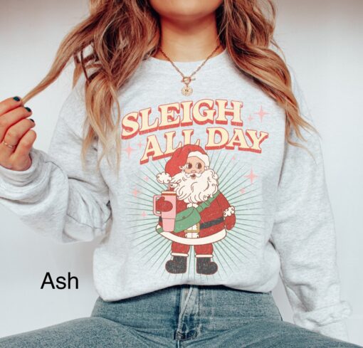 vintage christmas sweatshirt for women funny sleigh all day retro santa design oversized top with santa and tumbler print maymb