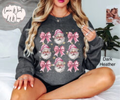 Vintage Christmas Sweatshirt for Women Pink Santa Design with Bow Oversized Trendy Holiday Top for Festive Celebrations