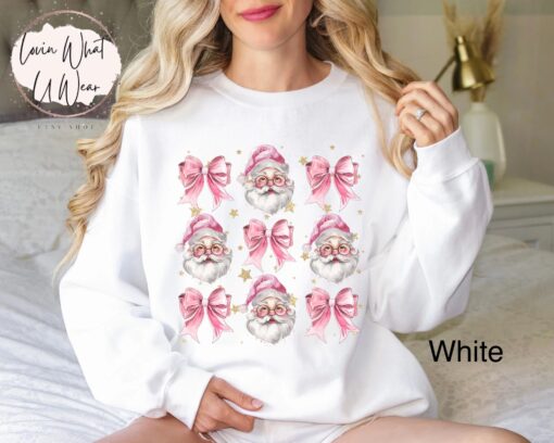 vintage christmas sweatshirt for women pink santa design with bow oversized trendy holiday top for festive celebrations dmtlj