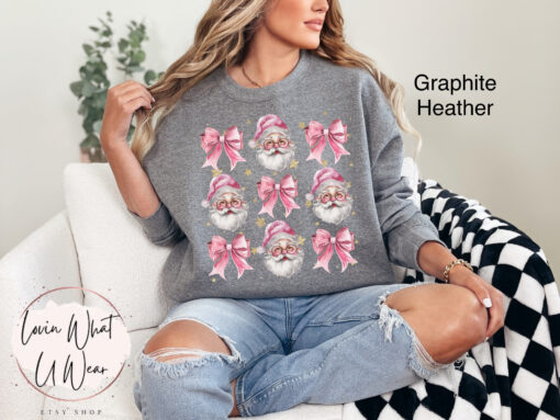vintage christmas sweatshirt for women pink santa design with bow oversized trendy holiday top for festive celebrations ee2cj