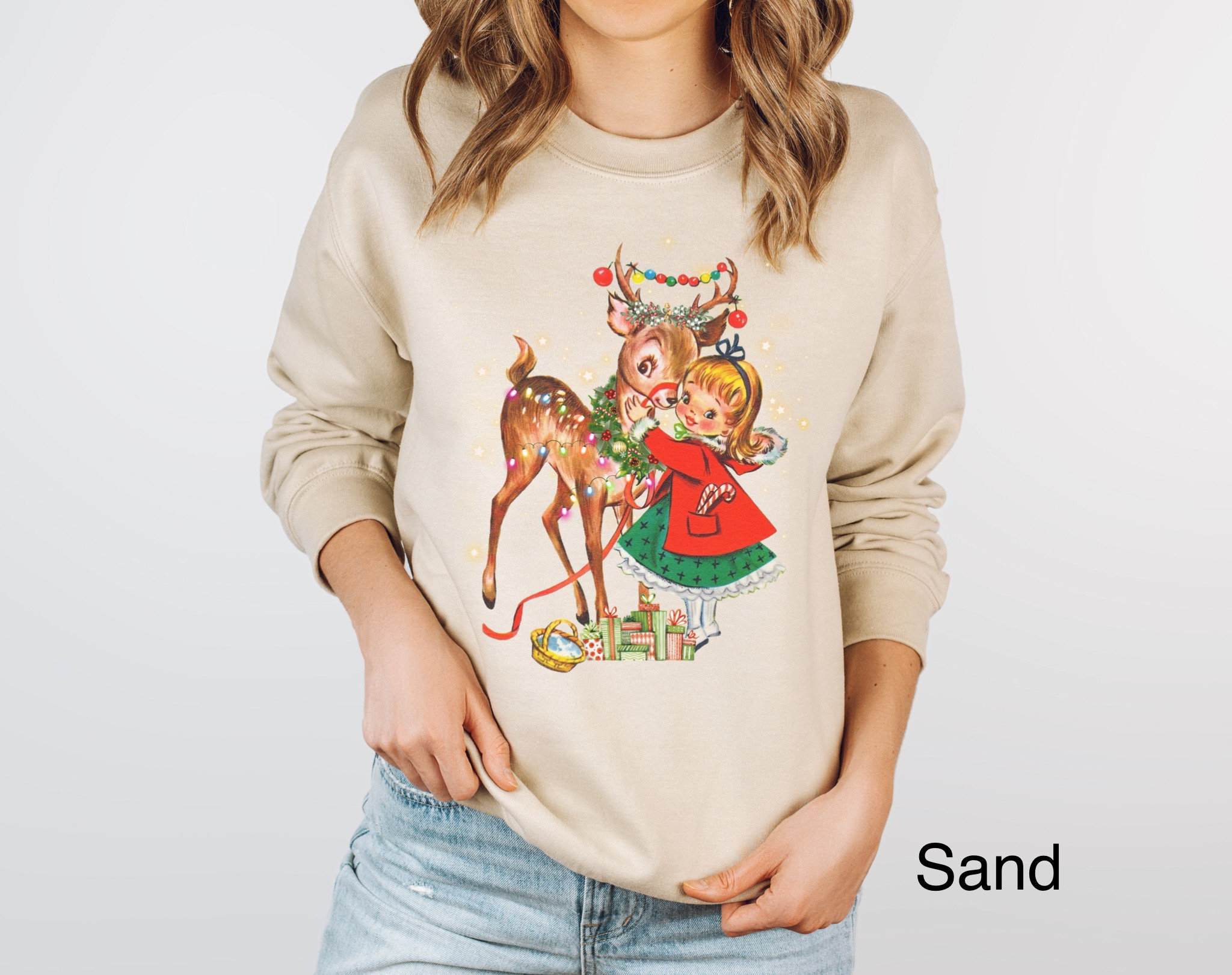 vintage christmas sweatshirt for women with 1950s reindeer design oversized retro holiday shirt for xmas parties and celebrations bwlv2