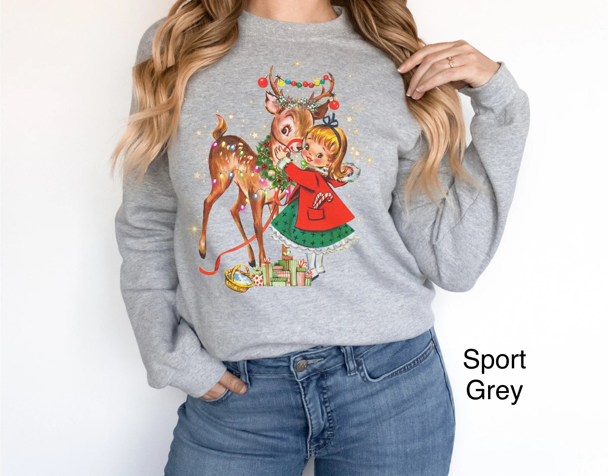 vintage christmas sweatshirt for women with 1950s reindeer design oversized retro holiday shirt for xmas parties and celebrations i2bry