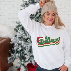 Vintage Christmas Sweatshirt for Women with Believe and Merry Bright Design Comfortable Crewneck Style for Holiday Wear